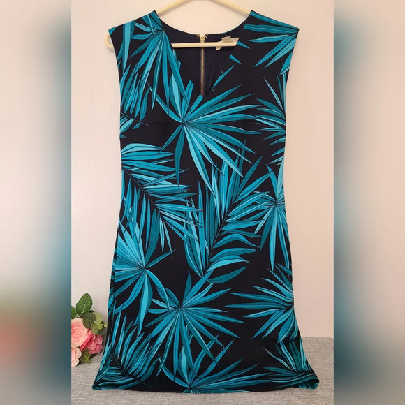 Michael Kors Palm Leaf Print Dress Blue V-Neck Sleeveless Back Zip Size‎ S - Picture 1 of 4